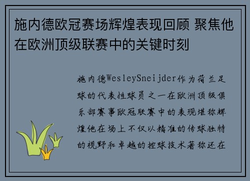 施内德欧冠赛场辉煌表现回顾 聚焦他在欧洲顶级联赛中的关键时刻