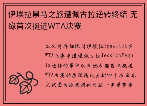 伊埃拉黑马之旅遭佩古拉逆转终结 无缘首次挺进WTA决赛