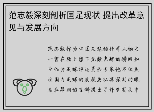 范志毅深刻剖析国足现状 提出改革意见与发展方向